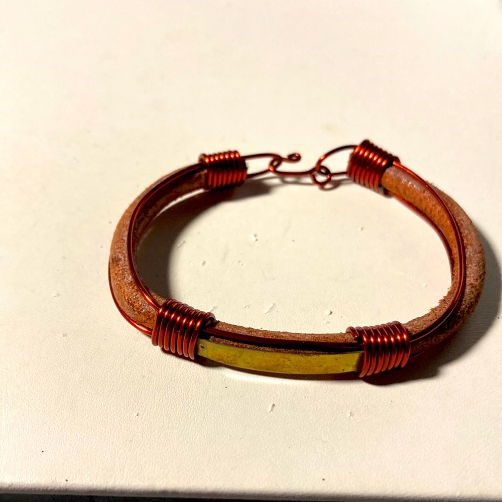 Brass and leather bracelet with hook closure #1761